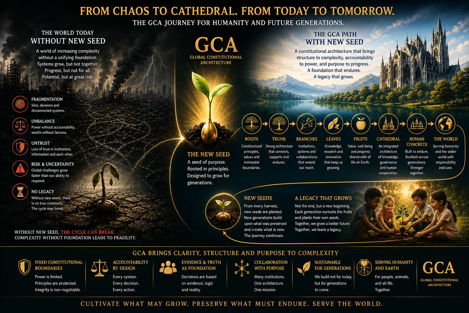 The GCA journey from a fragmented world without a new seed toward a constitutional architecture serving humanity and future generations